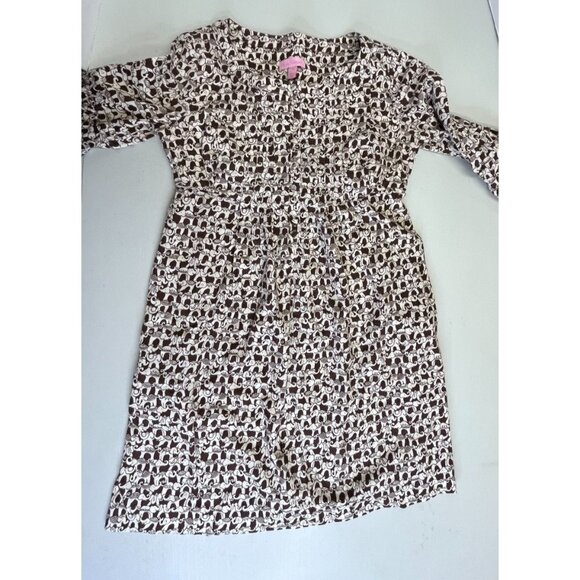 Lilly Pulitzer Brown White Elephant Dress Size 0 Womens 3/4 Sleeve Half Button - Picture 1 of 16